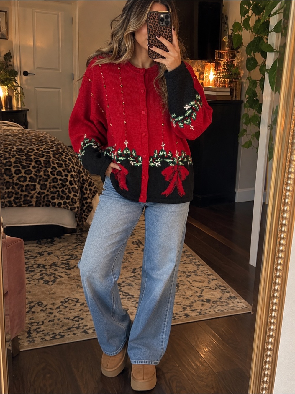 Casual Corner Vintage Christmas Cardigan Size L Red Black Bow Holiday Sweater